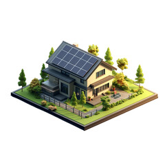an isometric house is surrounded by trees and solar panels