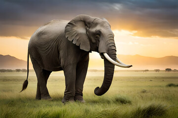 Fototapeta na wymiar An Elephant Surrounded by Grassland at Sunset. World Elephant Day. Generative AI