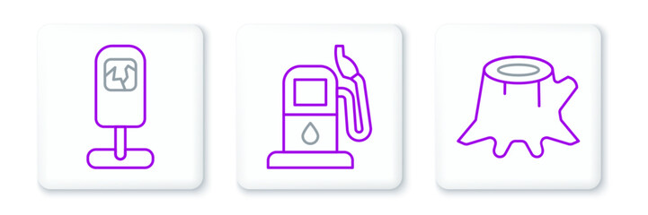 Set line Tree stump, Trash can and Petrol or gas station icon. Vector