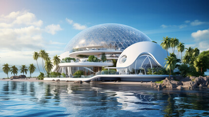 Obraz premium edge floating research facility stationed in the middle of an expansive, tranquil ocean. The facility is a marvel of modern design, with a glass dome housing a lush botanical garden and research labs.