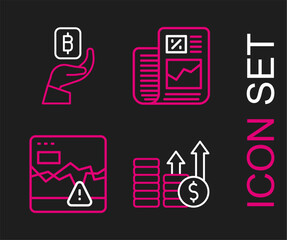 Set line Financial growth and dollar, Failure stocks market, Business finance report and Hand holding Bitcoin icon. Vector