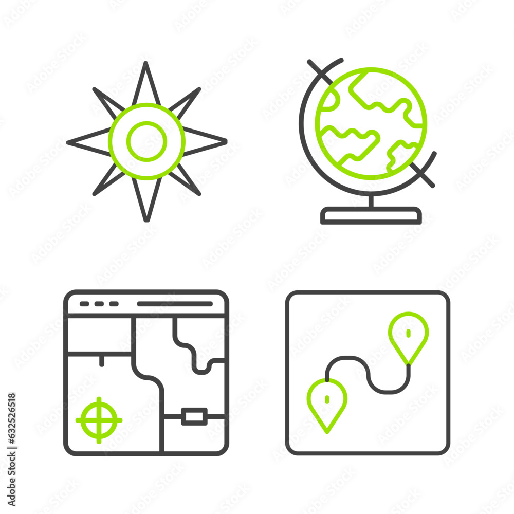 Sticker Set line Route location, Infographic of city map, Earth globe and Wind rose icon. Vector