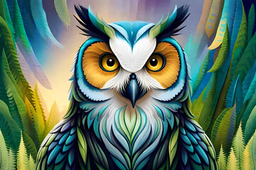 Colorful Owl Portrait: an Animal Cartoon. Generative AI