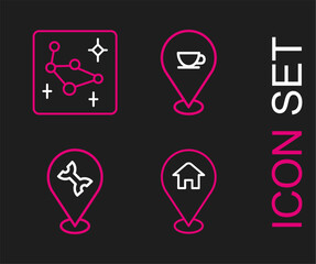 Set line Location with house, Car service, coffee cup and Great Bear constellation icon. Vector