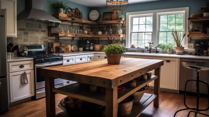 Wooden Kitchen with Elegant Marble Countertop in Daylight - AI Generated
