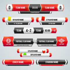 Football elements for broadcasting match. Sport scoreboard with time, information and result display. Vector template for your design.