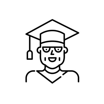 Middle-aged Student Graduating From College. Wearing Mortar And Gown. Higher Education For Older Adults. Editable Icon