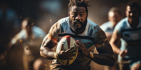 rugbyman vue de face en train de franchir les lignes adverses avec le ballon lors d'un match de rugby - obrazy, fototapety, plakaty