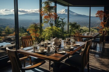 Luxury eatery with Fuji mountain view. Generative AI