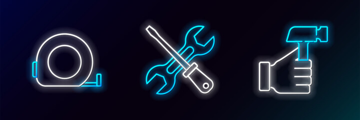 Set line Hammer, Roulette construction and Screwdriver and wrench icon. Glowing neon. Vector