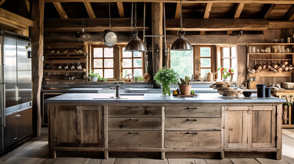 Wooden Kitchen with Elegant Marble Countertop in Daylight - AI Generated
