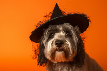 Dog with Halloween witch hat on orange background