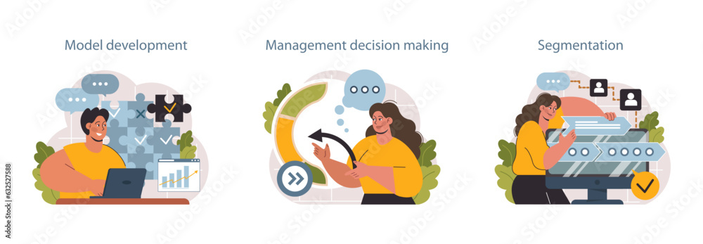 Poster predictive analytics set. process of using data to forecast future outcome.
