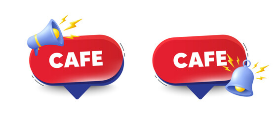 Cafe tag. Speech bubbles with 3d bell, megaphone. Cheap eatery or diner sign. Coffeehouse icon. Cafe chat speech message. Red offer talk box. Vector