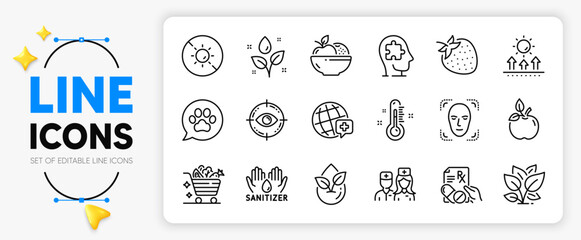 Face detection, Fruits and No sun line icons set for app include Plants watering, Doctor, World medicine outline thin icon. Eco food, Thermometer, Eye target pictogram icon. Vector