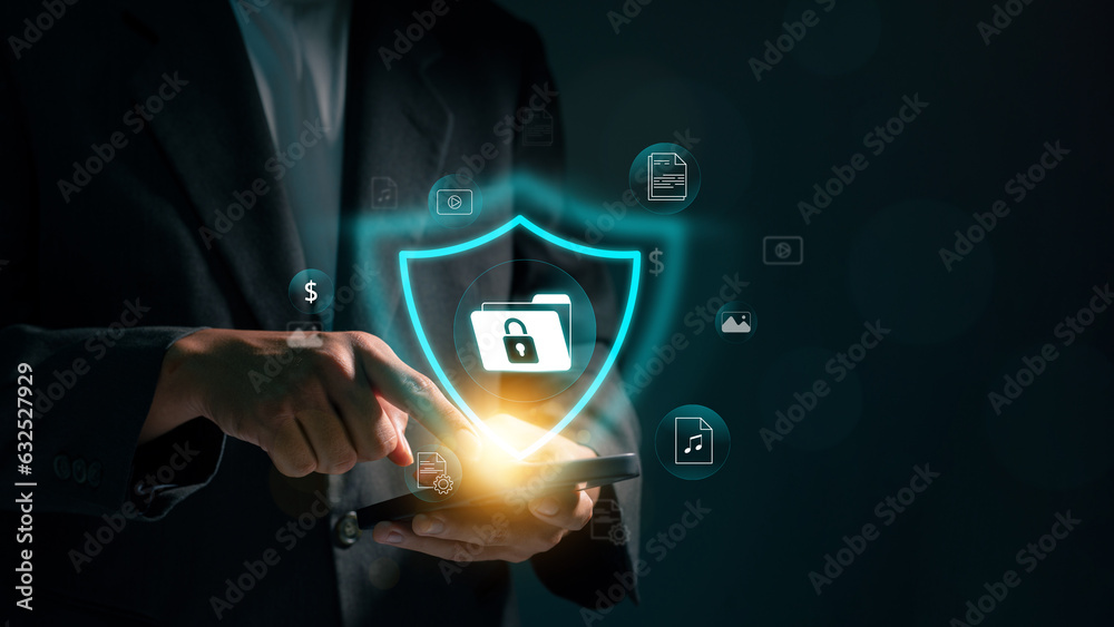 Poster online security and privacy shield, safeguarding financial transactions and personal information. de