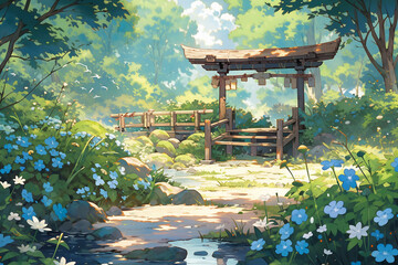 Beautiful Japanese landscape in anime style.