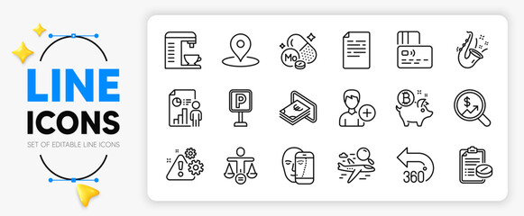 360 degrees, Coffee machine and Business report line icons set for app include Jazz, Document, Medical prescription outline thin icon. Search flight, Card, Cash pictogram icon. Pin. Vector