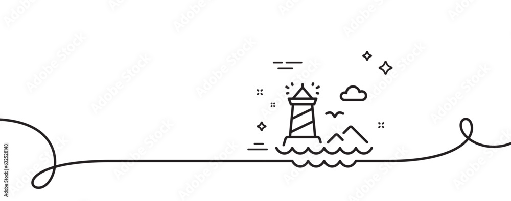 Poster lighthouse line icon. continuous one line with curl. beacon tower sign. searchlight building symbol.