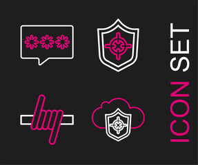 Set line Cloud and shield, Barbed wire, Shield and Password protection icon. Vector