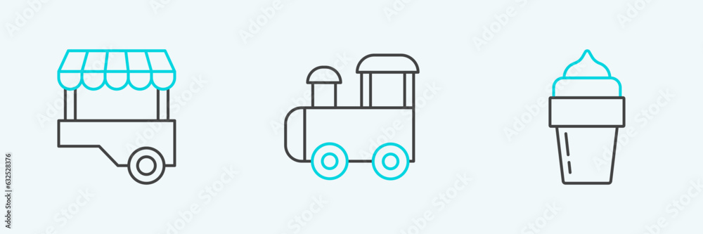 Canvas Prints set line ice cream, fast street food cart and toy train icon. vector