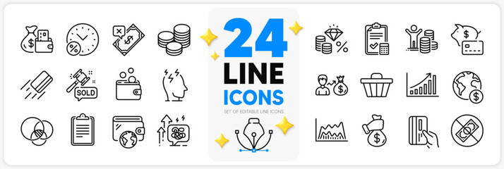 Icons set of Auction hammer, Trade chart and Stress line icons pack for app with Money tax, Rejected payment, Wallet thin outline icon. Wallet money, Global business, Clipboard pictogram. Vector