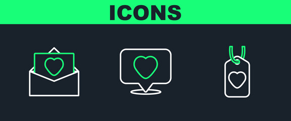 Set line Heart tag, Envelope with Valentine heart and Like and icon. Vector