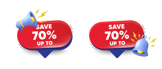 Save up to 70 percent tag. Speech bubbles with 3d bell, megaphone. Discount Sale offer price sign. Special offer symbol. Discount chat speech message. Red offer talk box. Vector