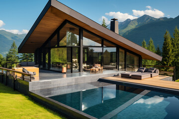 Fototapeta premium Contemporary luxury villa designed in a minimalist aesthetic. Glass home set against a mountain background. Stunning mountain vistas visible from the modern villa. Upscale glamping experience.Genera