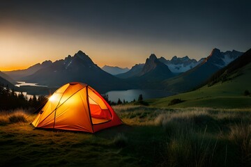 tent in the mountains - obrazy, fototapety, plakaty