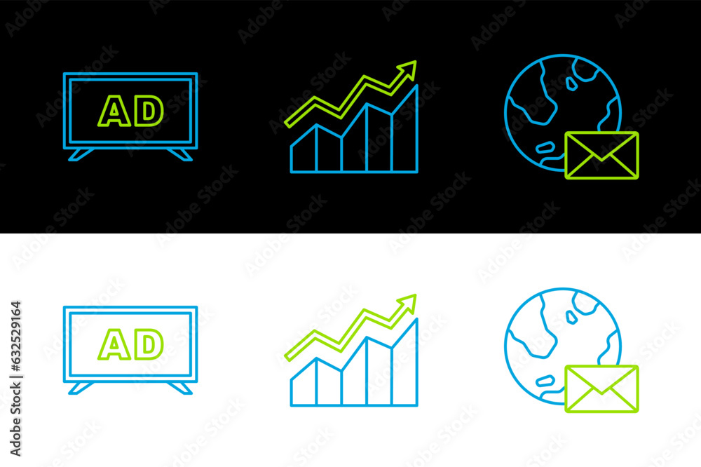 Poster Set line Earth globe with mail, Advertising and Financial growth increase icon. Vector