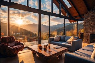 Contemporary luxury villa designed in a minimalist aesthetic. Glass home set against a mountain background. Stunning mountain vistas visible from the modern villa. Upscale glamping experience.

Genera