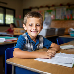 caucasian boy sitting at school desk in classroom