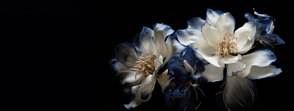 a wallpaper 3d botanical flowers with one big flower for whole artwork flowing alcohol ink style bioluminescence navy blue background, white, gold. - Powered by Adobe