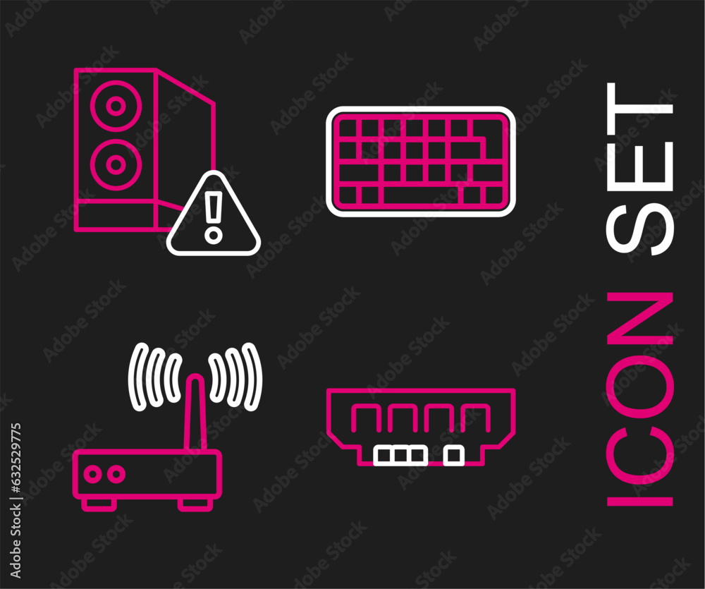 Poster set line ram, random access memory, router wi-fi signal, keyboard and case of computer icon. vector