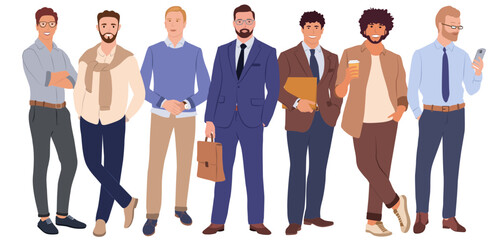 Fototapeta na wymiar Businessmen team. Vector illustration of diverse standing cartoon men in office outfits. Isolated on white.