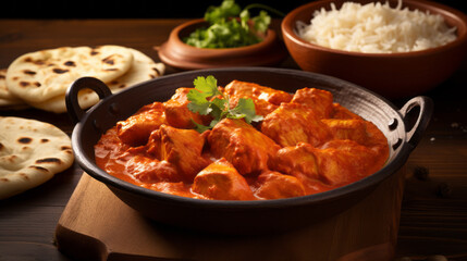 Hot spicy chicken tikka masala in bowl. Chicken curry with rice, indian naan butter bread, spices, herbs. Traditional Indian/British dish, popular indian curry in UK