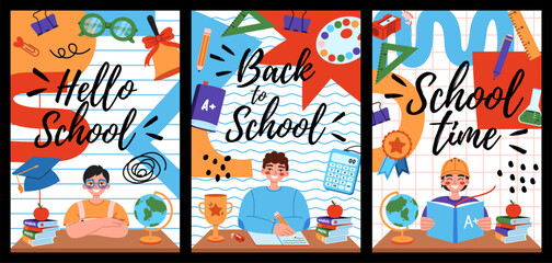 Colorful trendy Back to school posters design with school children and education accessories elements.