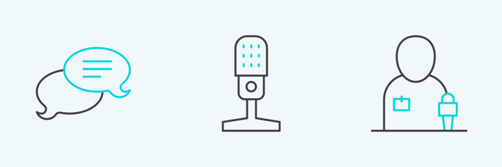 Set line Journalist news, Speech bubble chat and Microphone icon. Vector