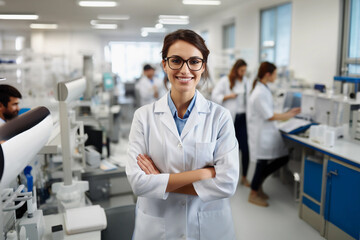 Beautiful young woman scientist wearing white coat and glasses in modern Medical Science Laboratory with Team of Specialists on background.  - obrazy, fototapety, plakaty