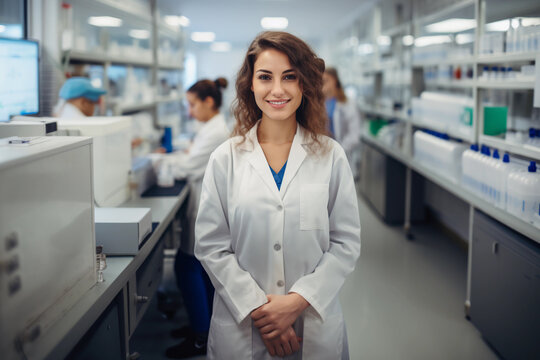 Beautiful young woman scientist wearing white coat and glasses in modern Medical Science Laboratory with Team of Specialists on background. 