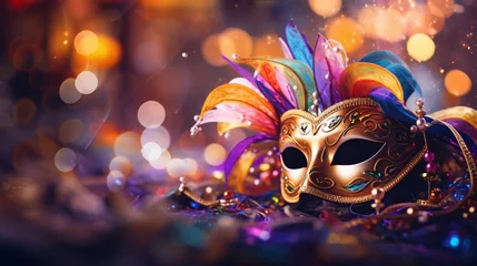 Gordijnen Carnival, Venetian Mask on a dark table, Masquerade Disguise Party, Shiny Gold Background Banner, Illustration © Natalia Klenova