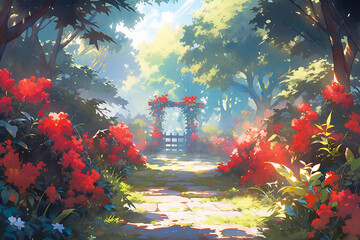 Beautiful Japanese landscape in anime style.