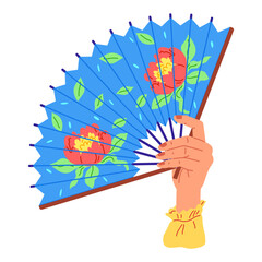 Chenese and Japanese hand fan. Vector illustration. A Chinese fan, window to land of dragons and emperors A handheld fan, steadfast sentinel against searing sun A hand fan, modest tool singing cool