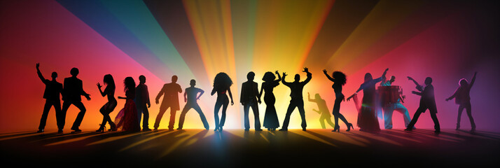 dancing group of people in rainbow colored background - obrazy, fototapety, plakaty