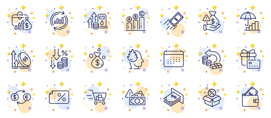 Fototapeta na wymiar Outline set of Atm money, Fuel price and Graph chart line icons for web app. Include Gift card, Deflation, Discount banner pictogram icons. Currency exchange, Bribe, Calendar signs. Vector