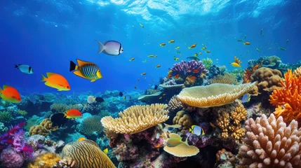 Fotobehang Ocean coral reef underwater. Sea world under water background. Beautiful view of sea life. Ecosystem. AI photography.. © Oksana Smyshliaeva