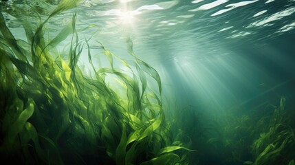 Seaweed and natural sunlight underwater seascape in the ocean. landscape with seaweeds. Marine sea bottom. AI photography. - obrazy, fototapety, plakaty