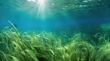 Seaweed and natural sunlight underwater seascape in the ocean. landscape with seaweeds. Marine sea bottom. AI photography.