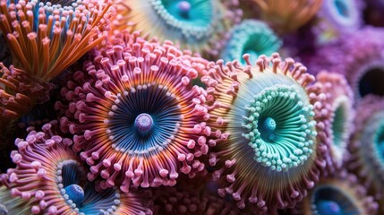 Naklejka na ściany i meble Coral reef underwater texture. Vivid corals. Undersea bottom texture. Underwater life scene. AI illustration.